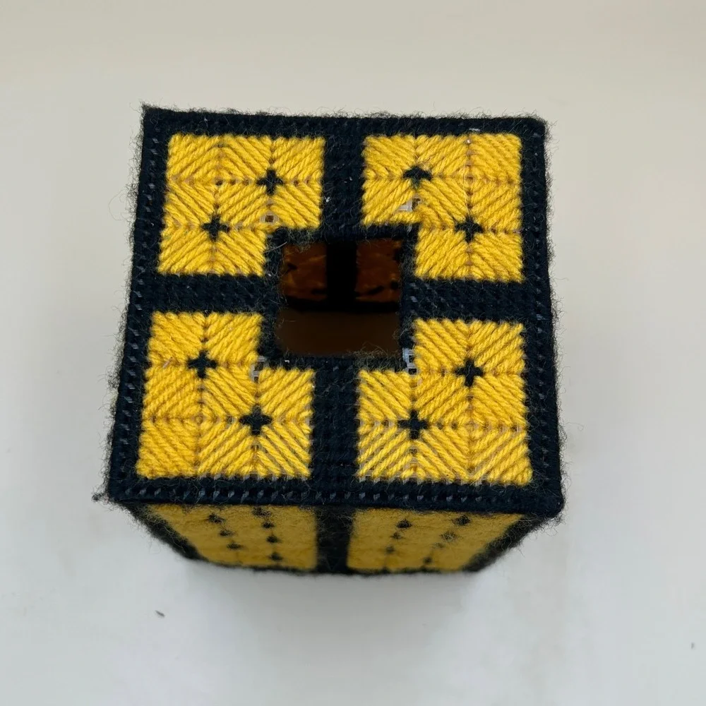 Handmade Plastic Canvas Tissue Box Cover Yellow Black Geometric Boutique Square